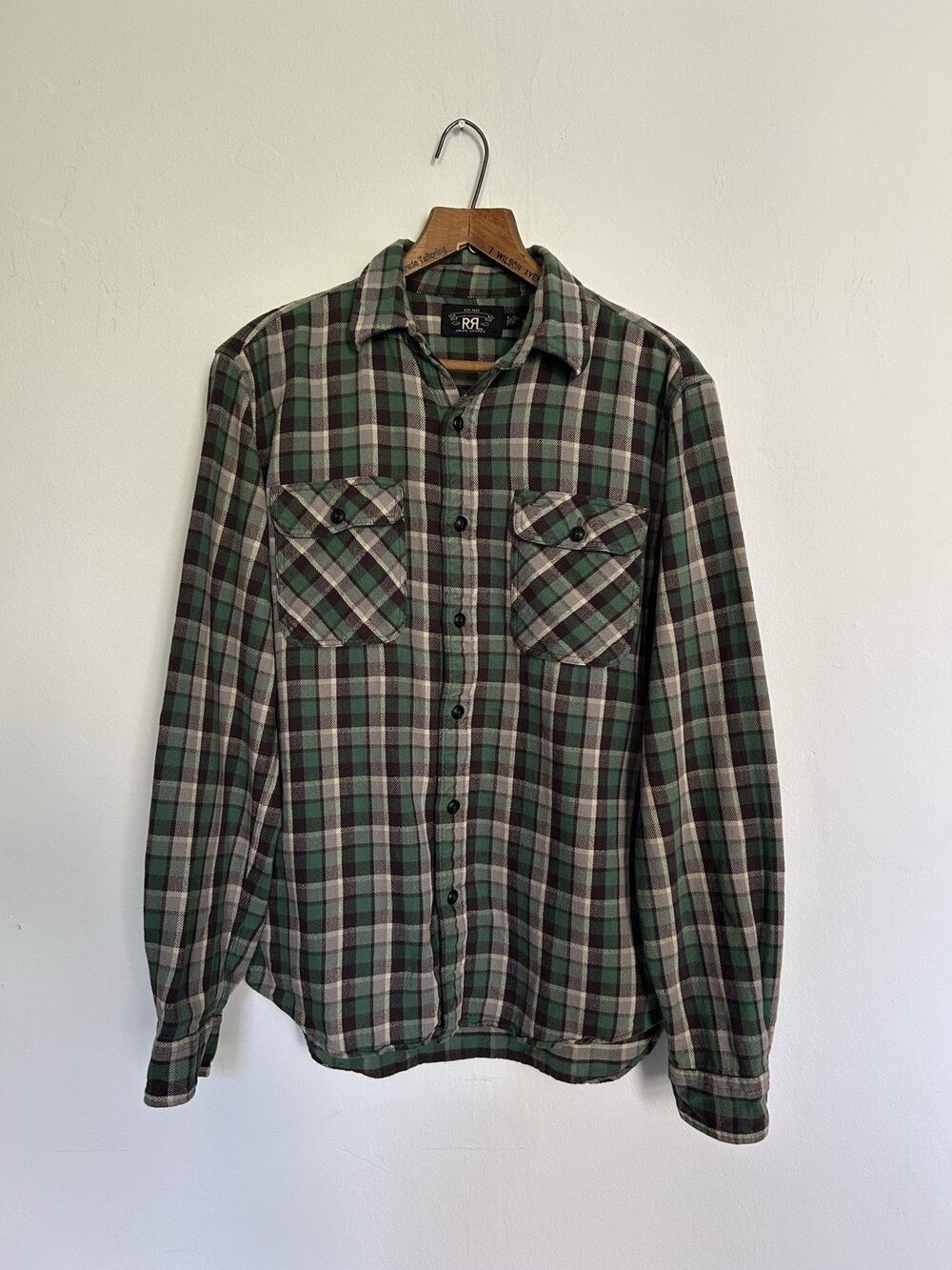 RRL Ralph Lauren Plaid Workshirt Mens Medium Green Black Double Pocket Flannel